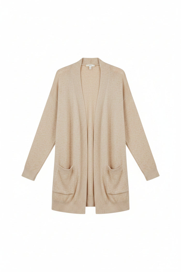A long open front oatmeal coloured cardigan with front pockets 