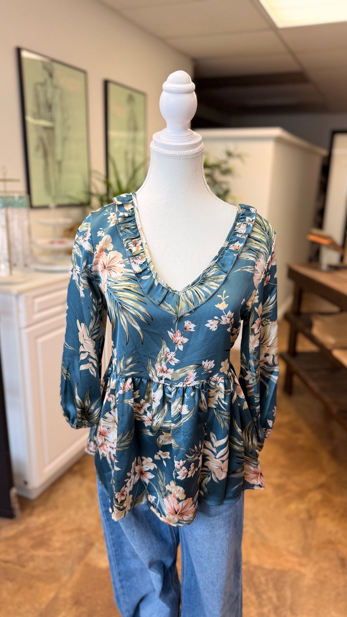 # 6 - Blue Satin Floral Blouse | S | SAMPLE SALE