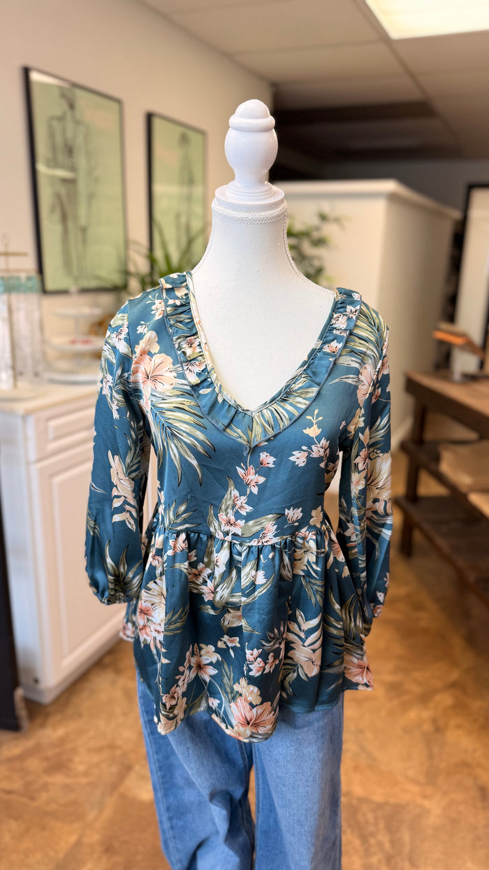 # 6 - Blue Satin Floral Blouse | S | SAMPLE SALE