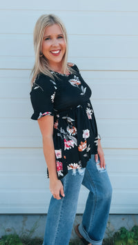 Winnie Babydoll Top: Black Floral