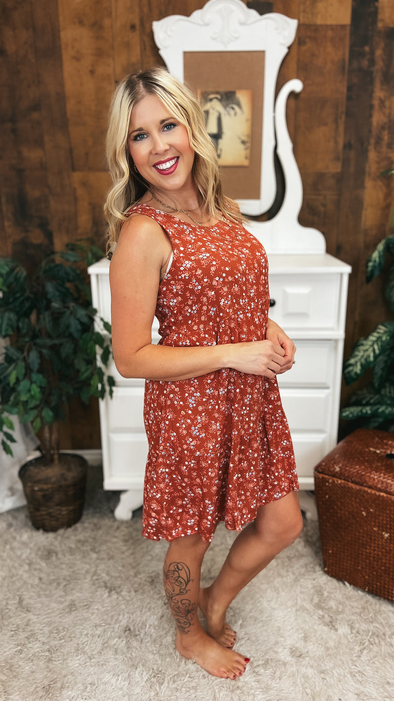 Claire Floral Dress: Rust