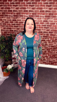 Kendal Floral Duster Cardigan | Hunter Green & Blush
