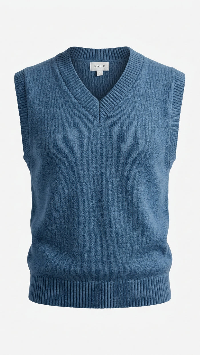 A blue knit sweater vest with a V-neck and ribbed trim