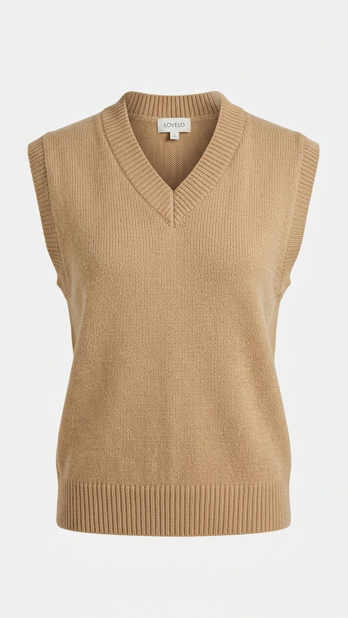 A beige ribbed knit sweater vest with a V-neckline