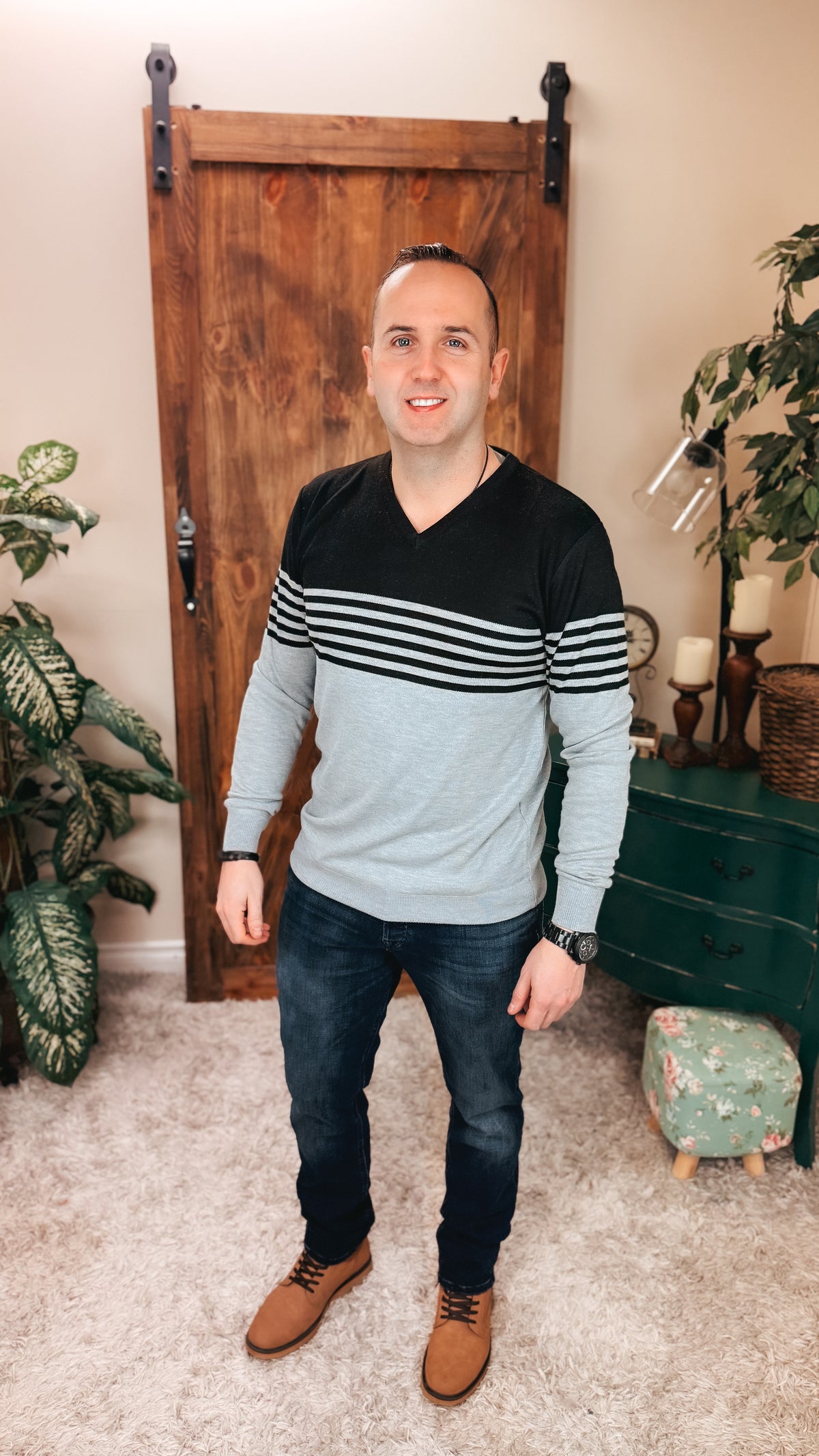 Davis V-Neck Sweater: Grey & Black