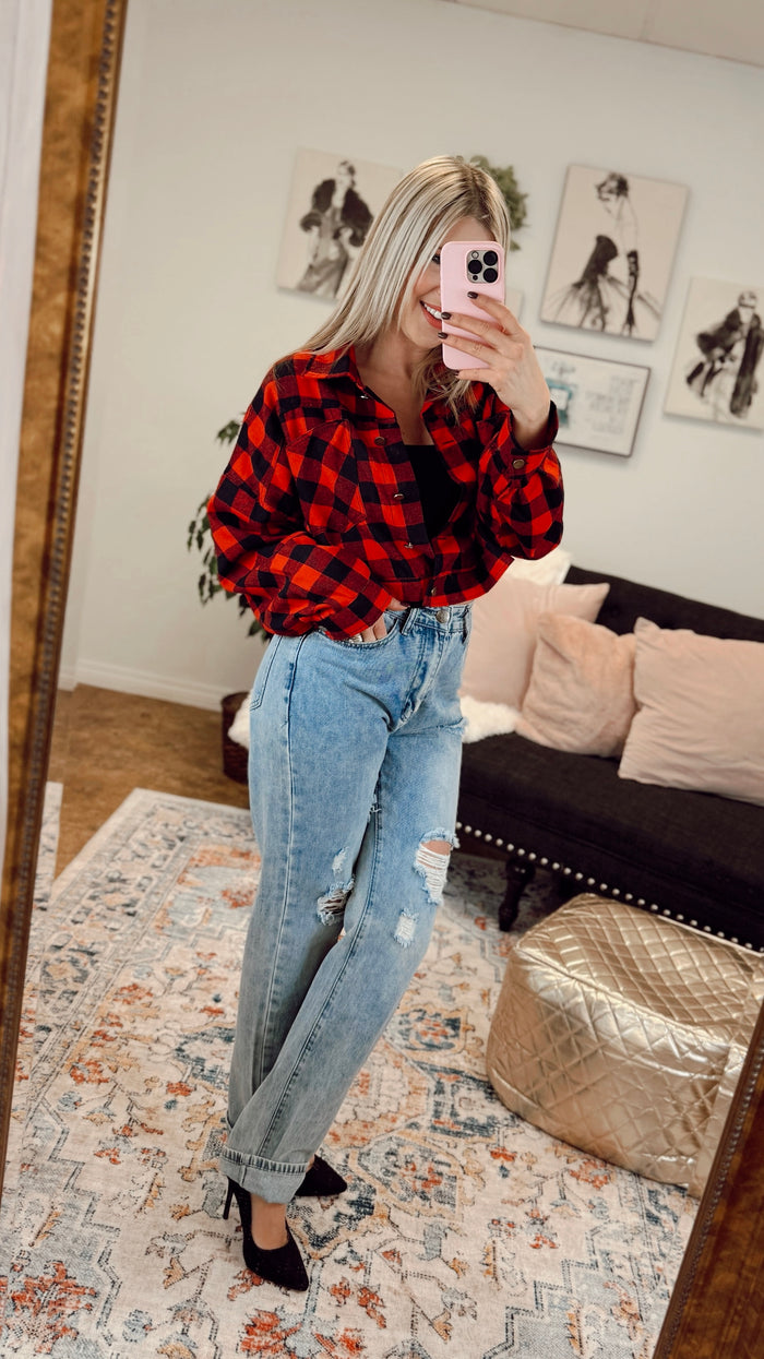 Nikita Crop Plaid Shacket | Red & Black