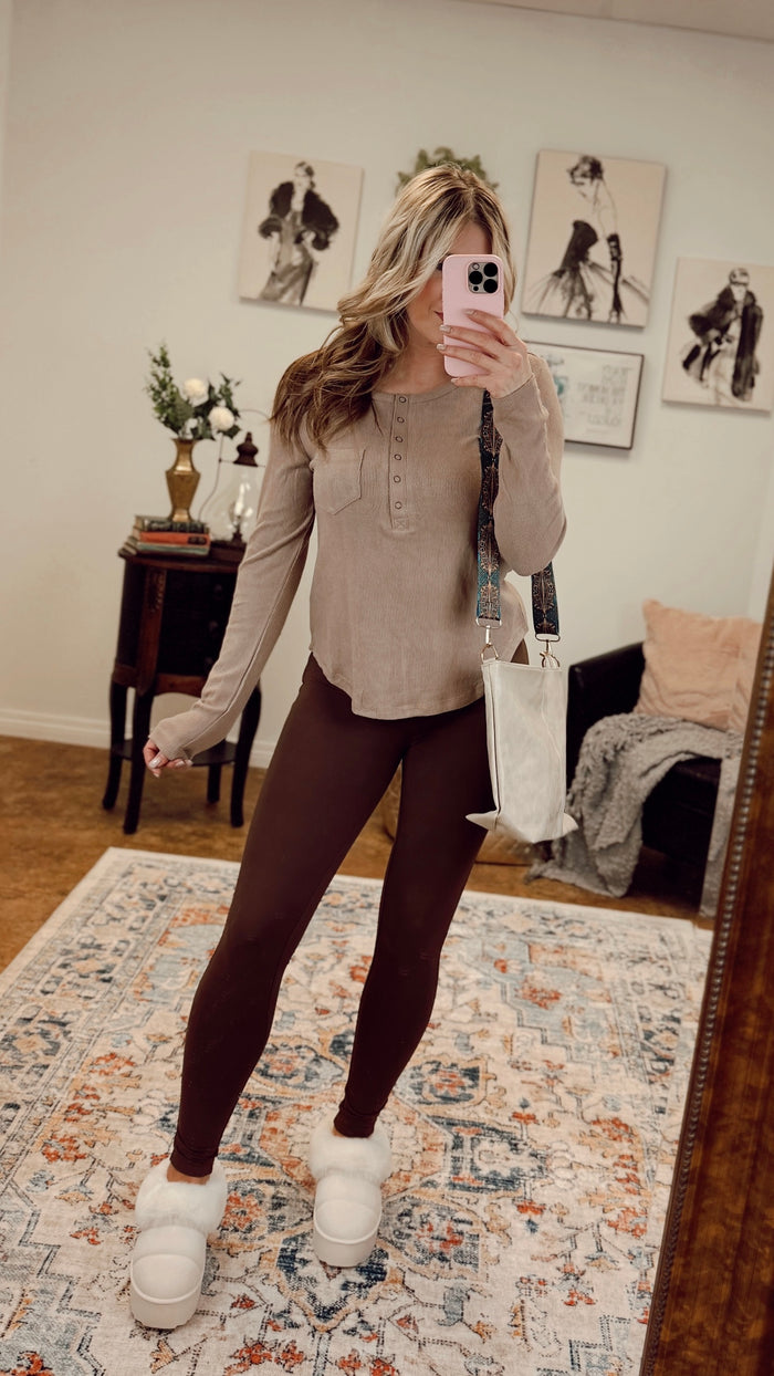 Colleen Ribbed Henley Long Sleeve | Taupe