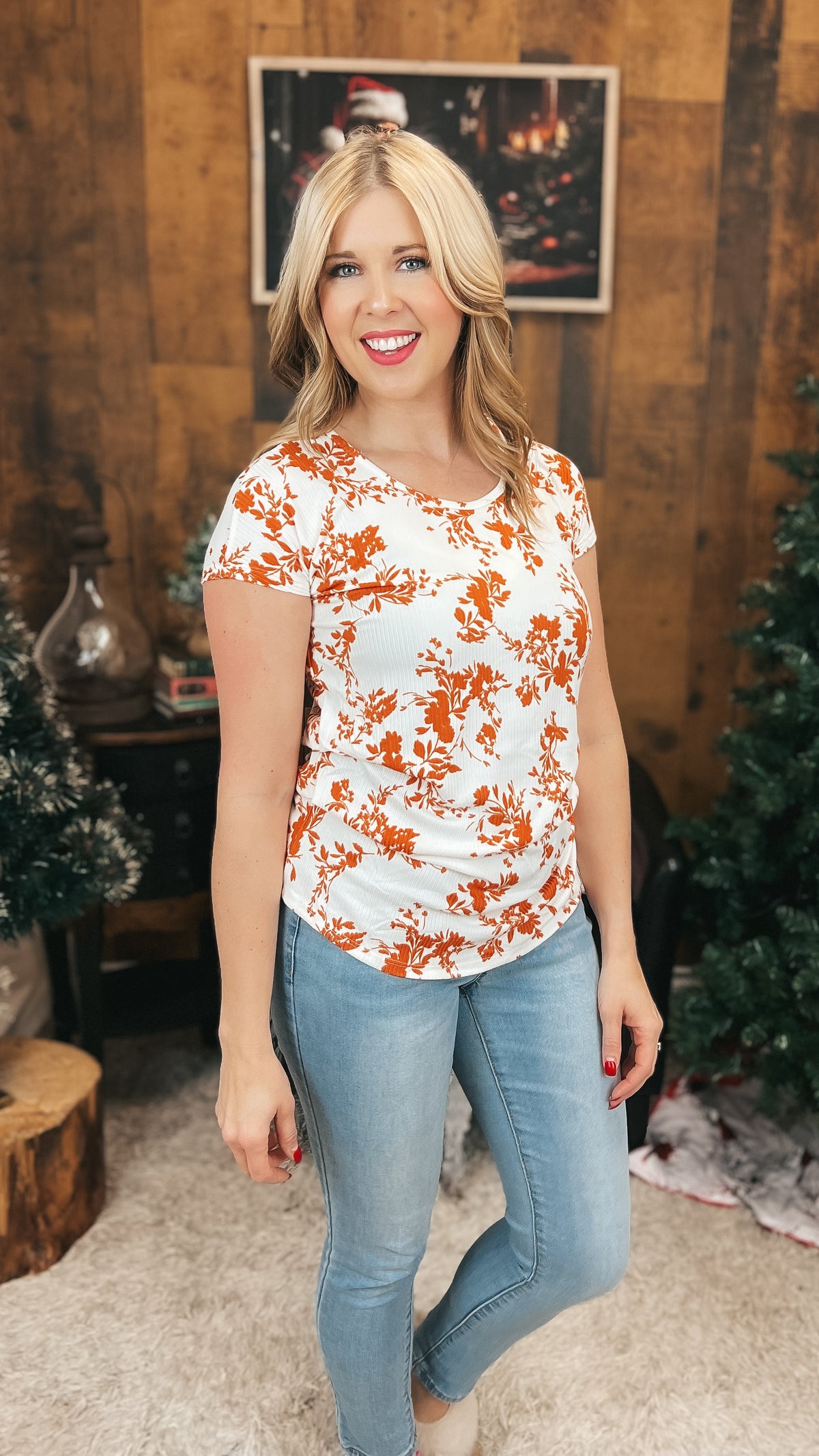 Addy Ribbed Floral Top | Orange & Cream