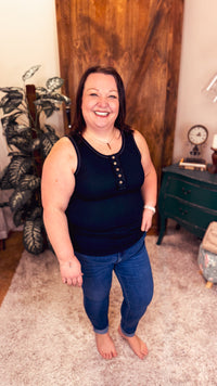 Anabel Ribbed Henley Tank | Black