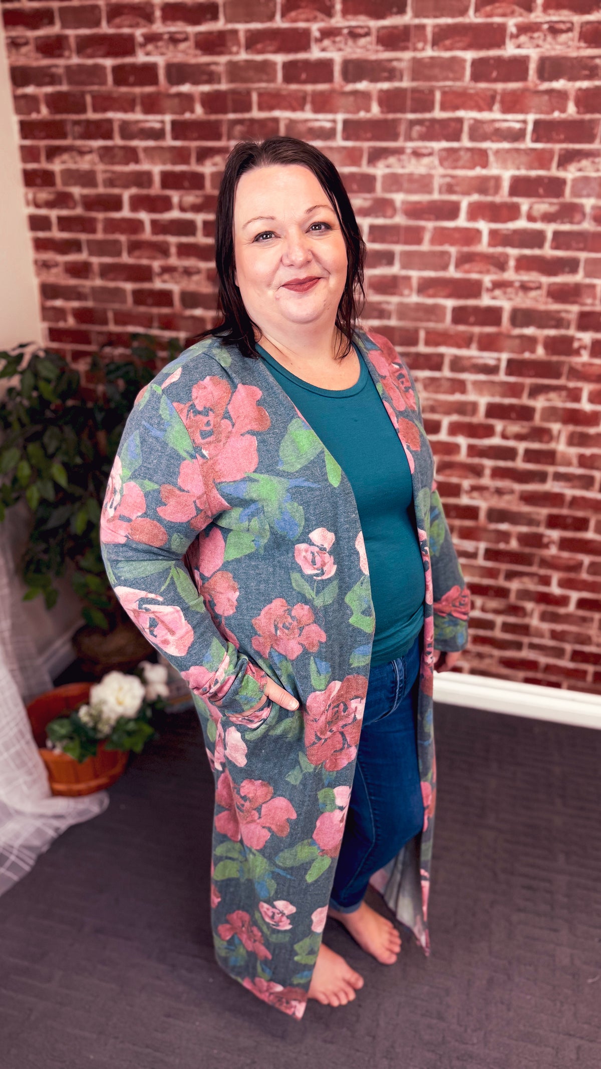 Kendal Floral Duster Cardigan | Hunter Green & Blush