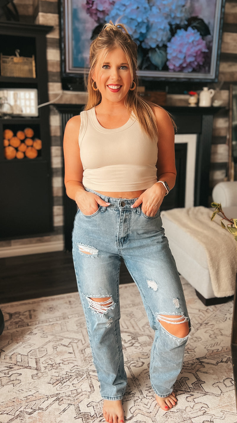 Tamara Ribbed Tank Top: Sand Beige
