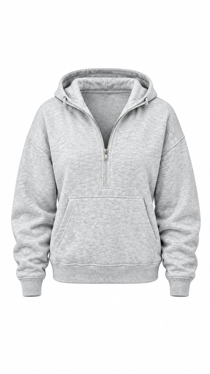A light gray heathered pullover hoodie with a half-zip neckline, ribbed cuffs, and a front kangaroo pocket