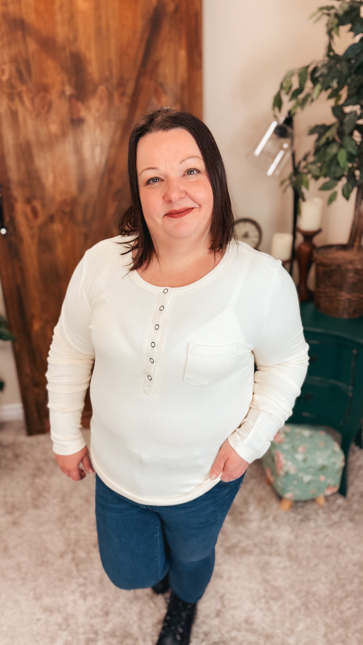 Colleen Ribbed Henley Long Sleeve | Cream