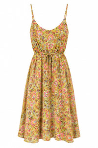 A sleeveless floral midi dress with thin spaghetti straps, lime green in colour 