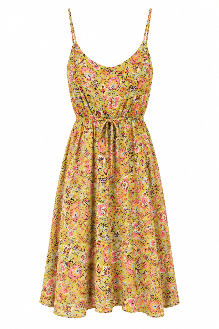 A sleeveless floral midi dress with thin spaghetti straps, lime green in colour 