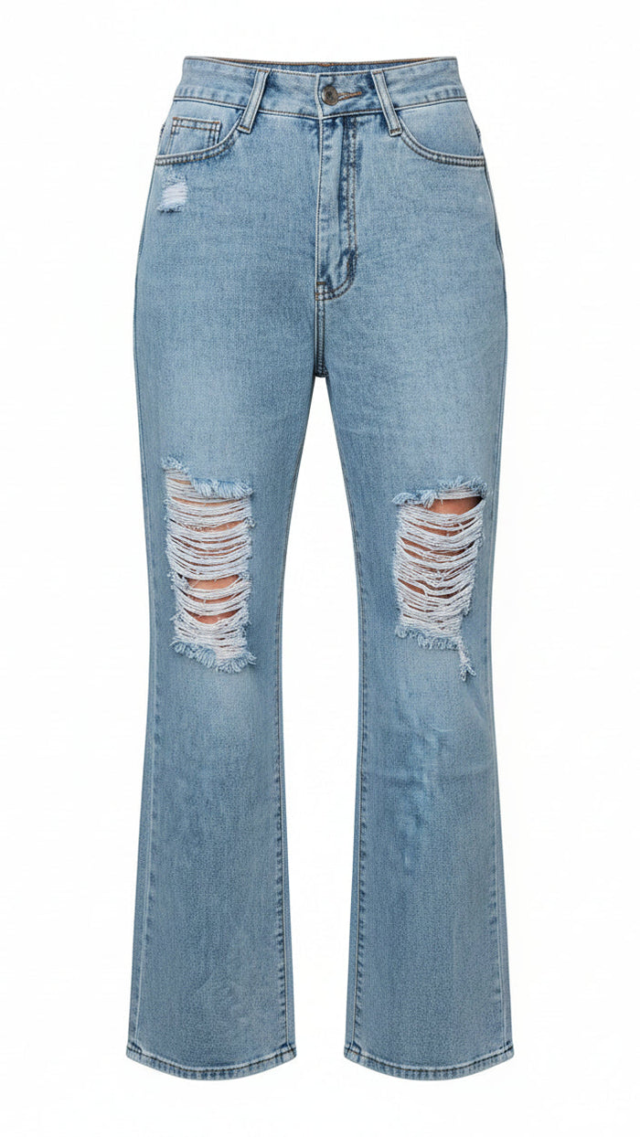 Light wash wide leg denim with distressing