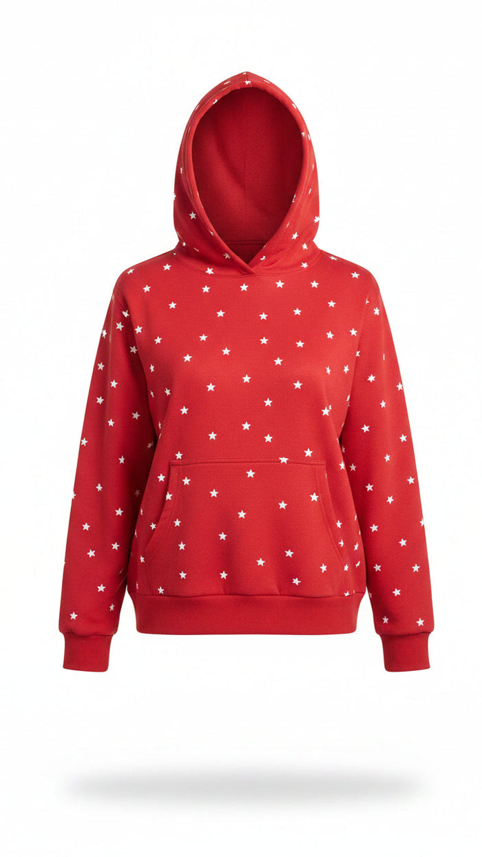 A red pullover hoodie with an allover pattern of small white stars, with a kangaroo pocket