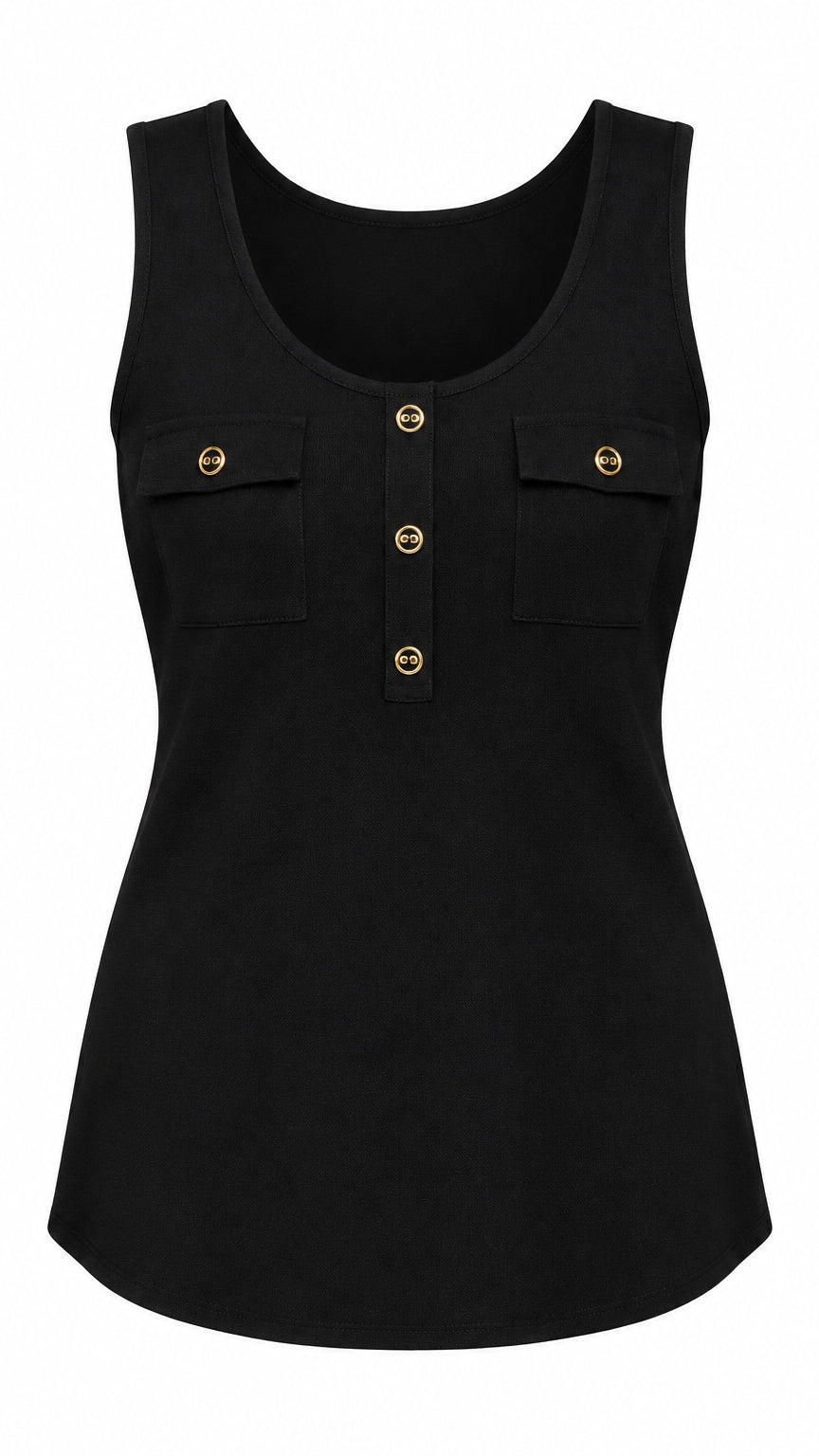A black sleeveless tank top with button details 