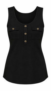 A black sleeveless tank top with button details 