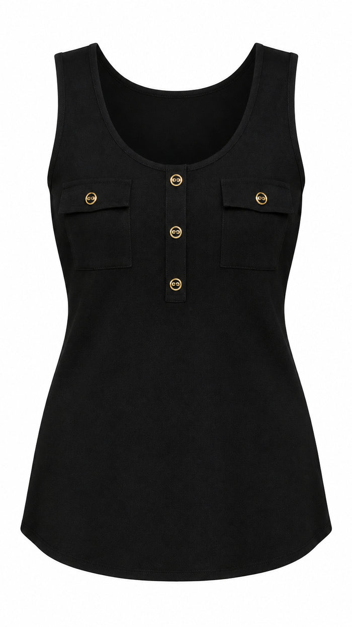 A black sleeveless tank top with button details 