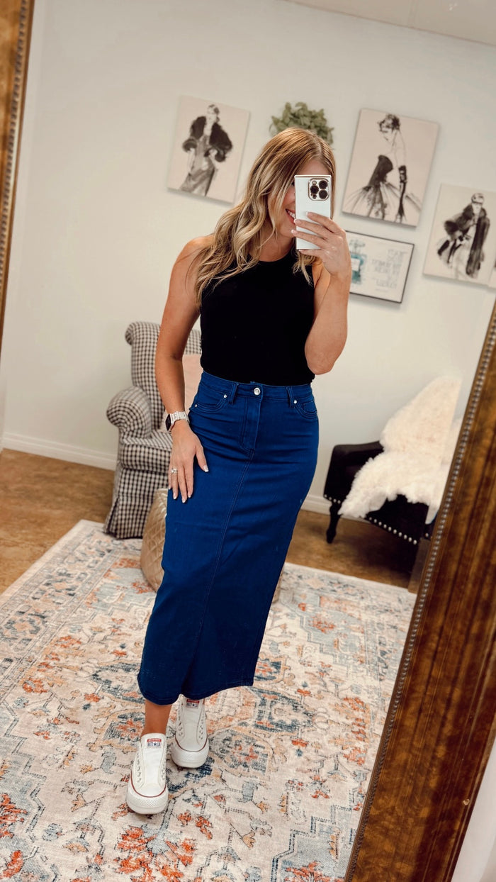 Emery Denim Maxi Skirt | Diamond Button