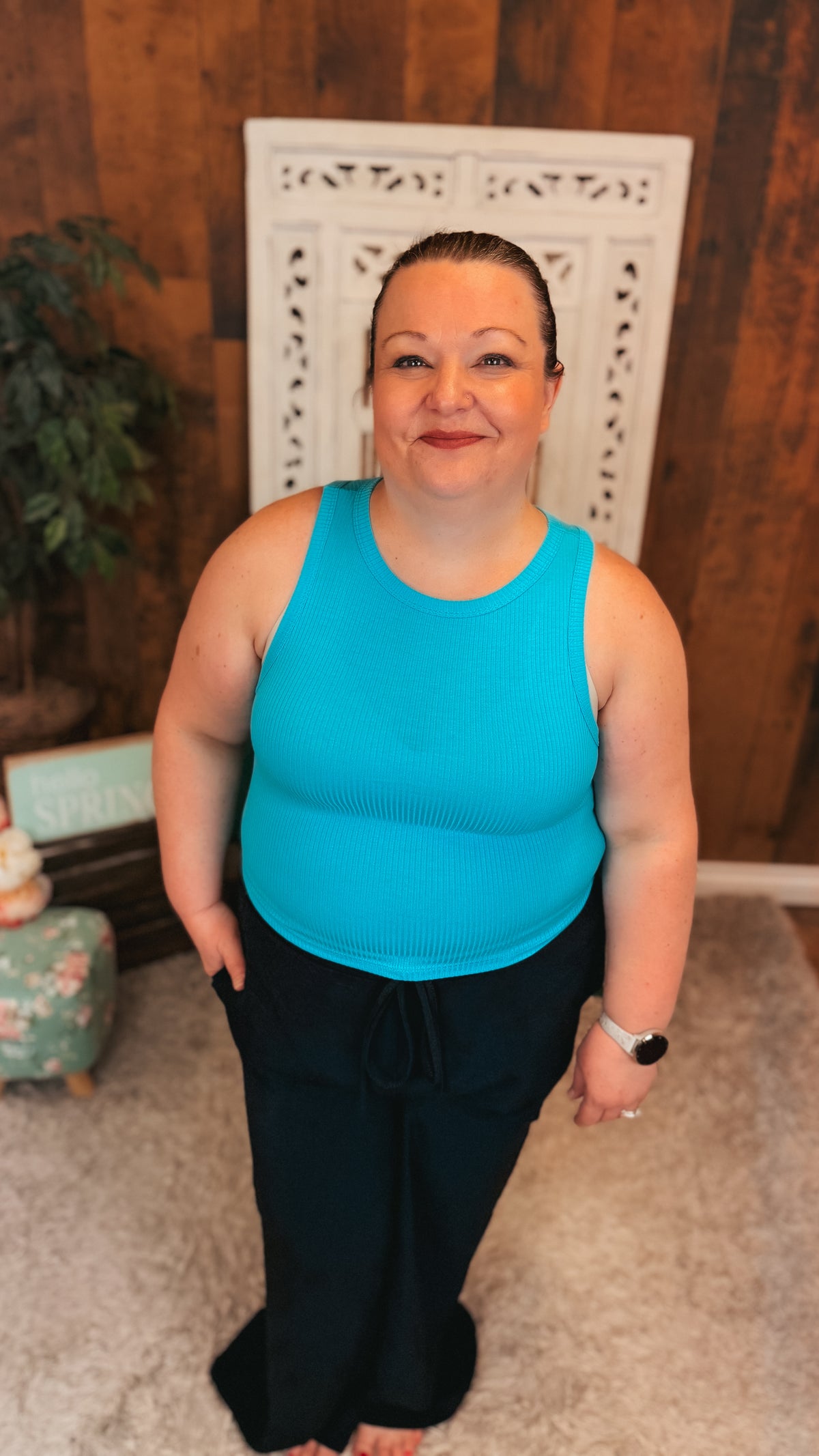 Victoria Ribbed Tank Top | Aqua Blue