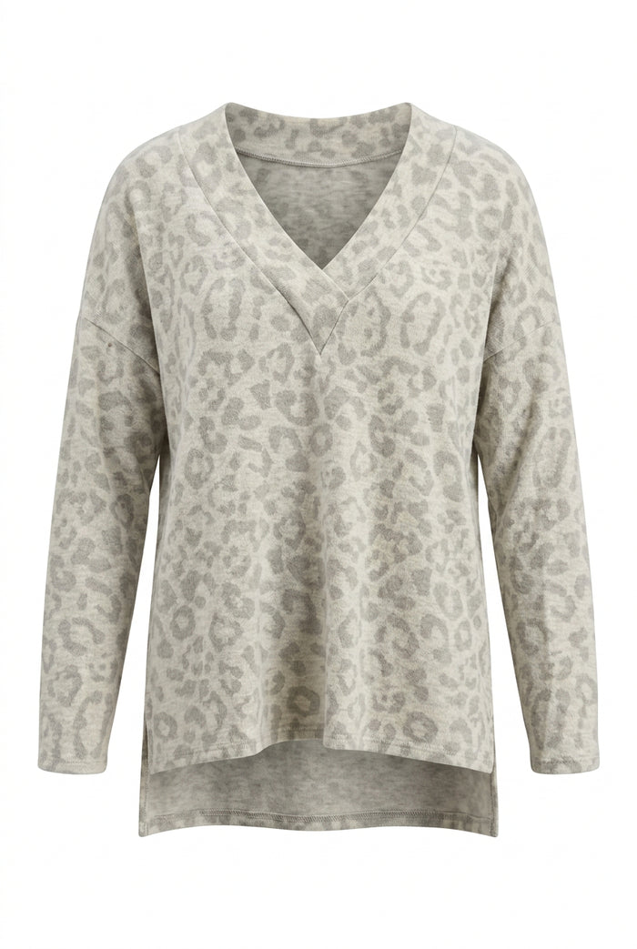 A light gray and white leopard print long-sleeve top, brushed fabric, high and low hem