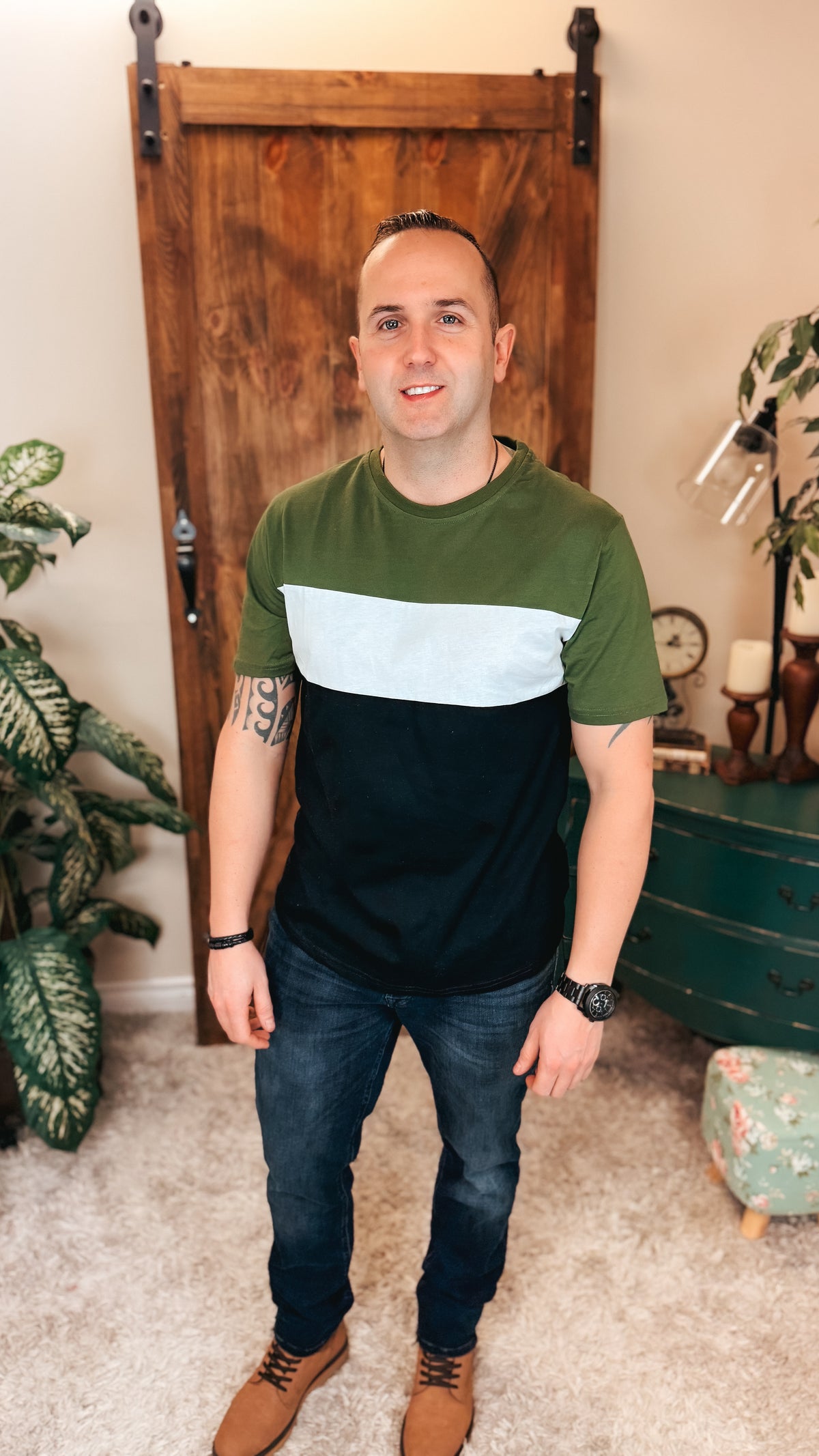 Peter Color Block Tee: Olive & Black