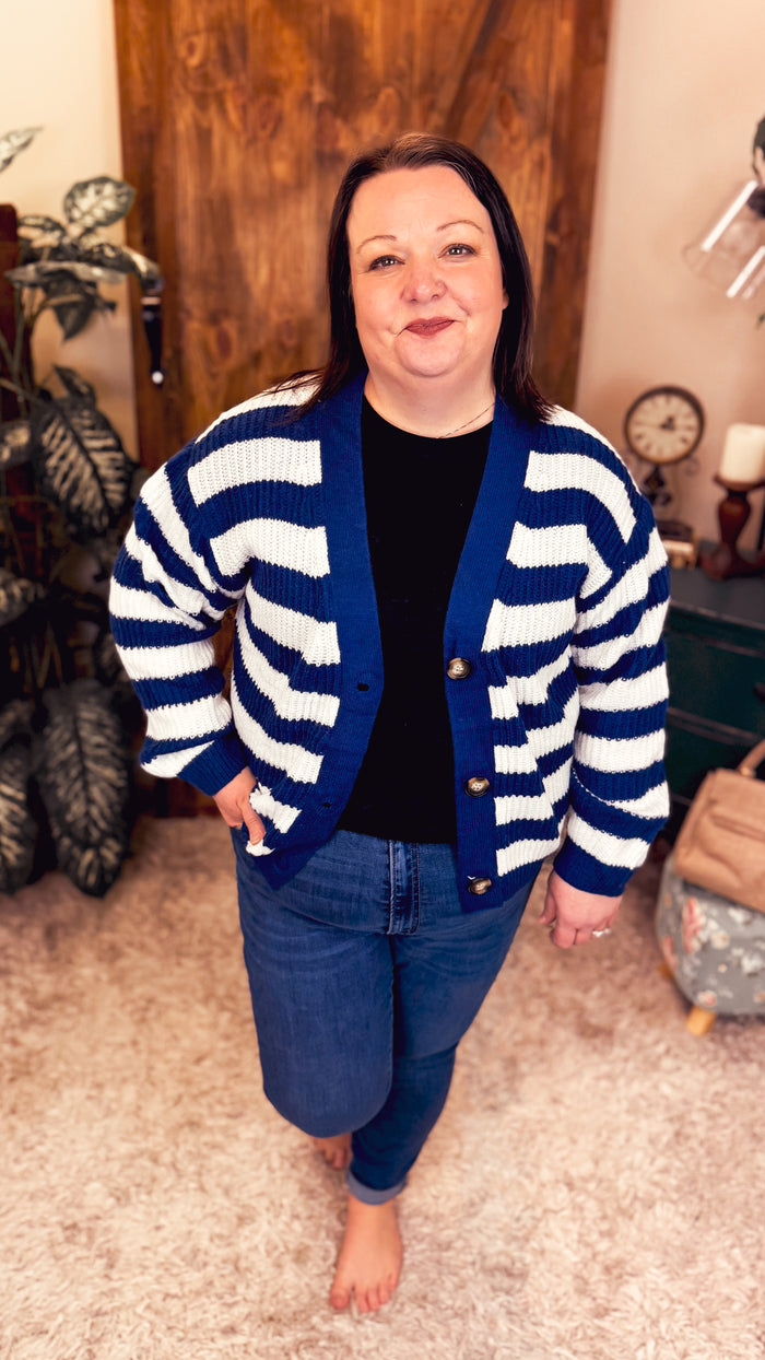 Coralee Stripe Knit Cardigan | Blue & Ivory