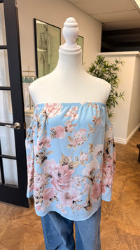 # 27 - Blue Floral One Shoulder Blouse | M | SAMPLE SALE