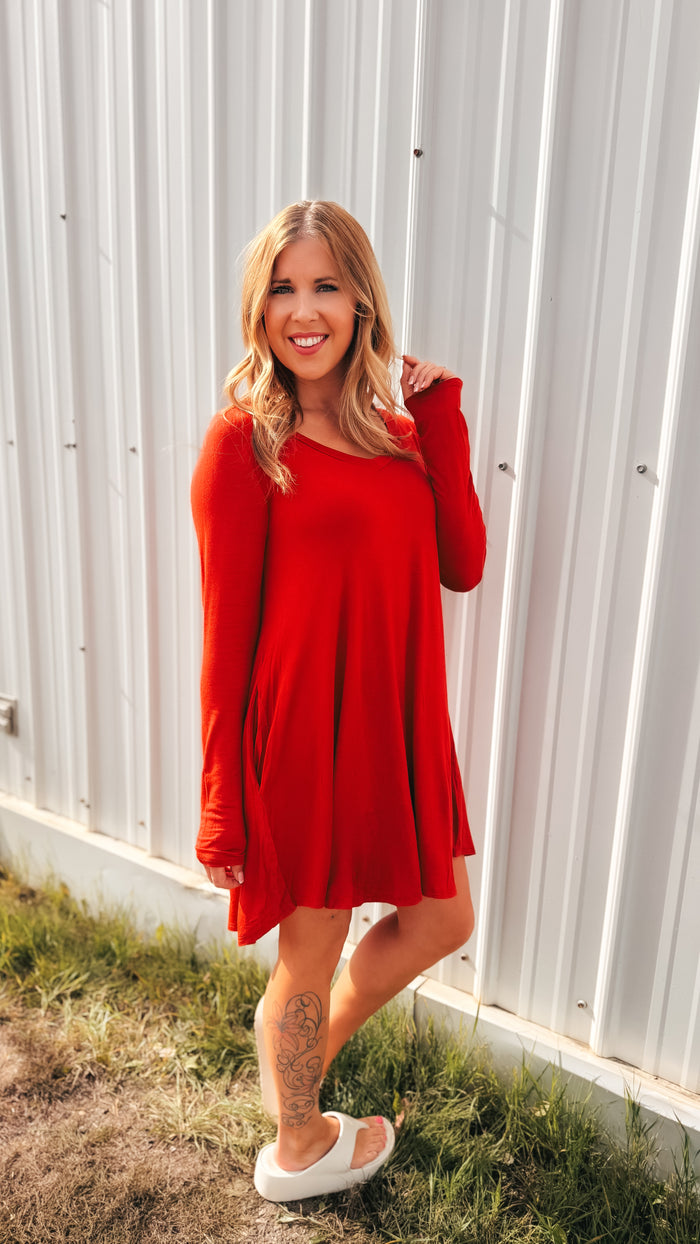 Violet Long Sleeve T-Shirt Dress | Burnt Rust