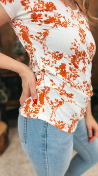 Addy Ribbed Floral Top | Orange & Cream