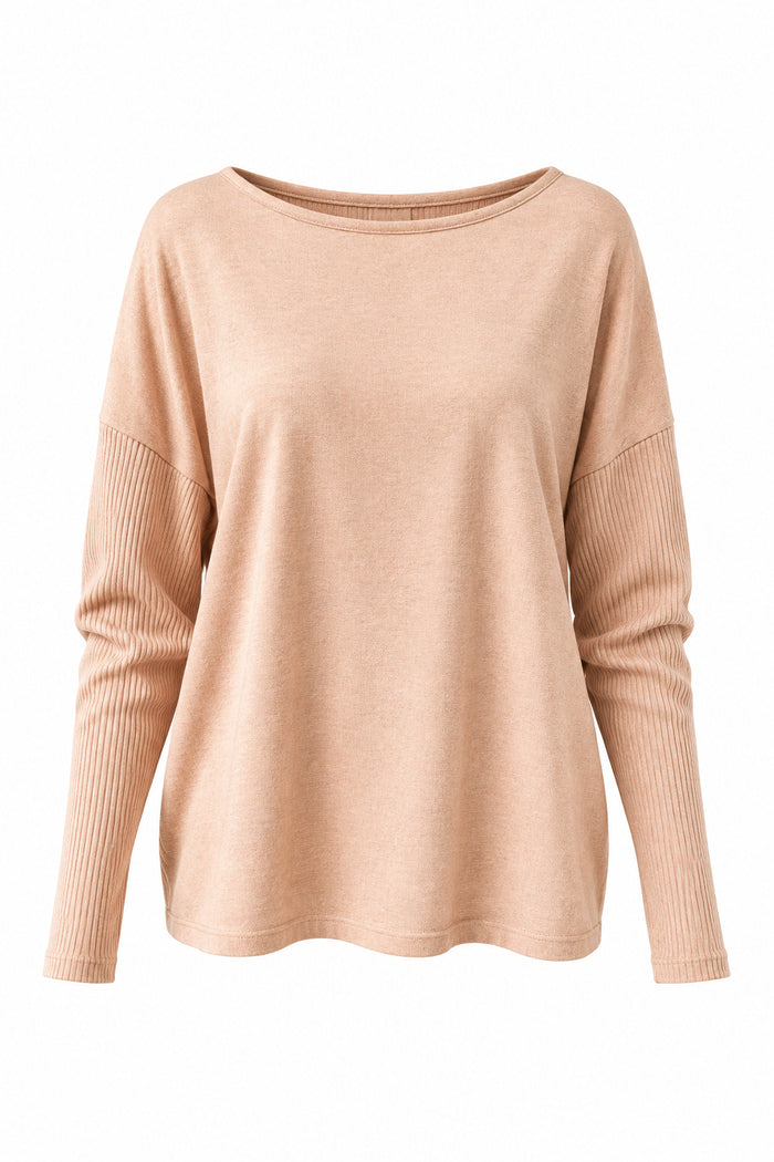 A light peach-beige long dolman sleeve knit top 