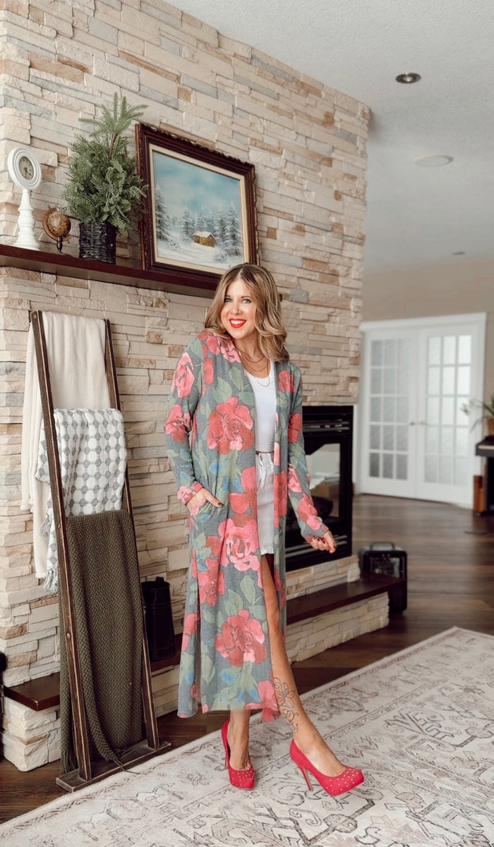 Kendal Floral Duster Cardigan | Hunter Green & Blush