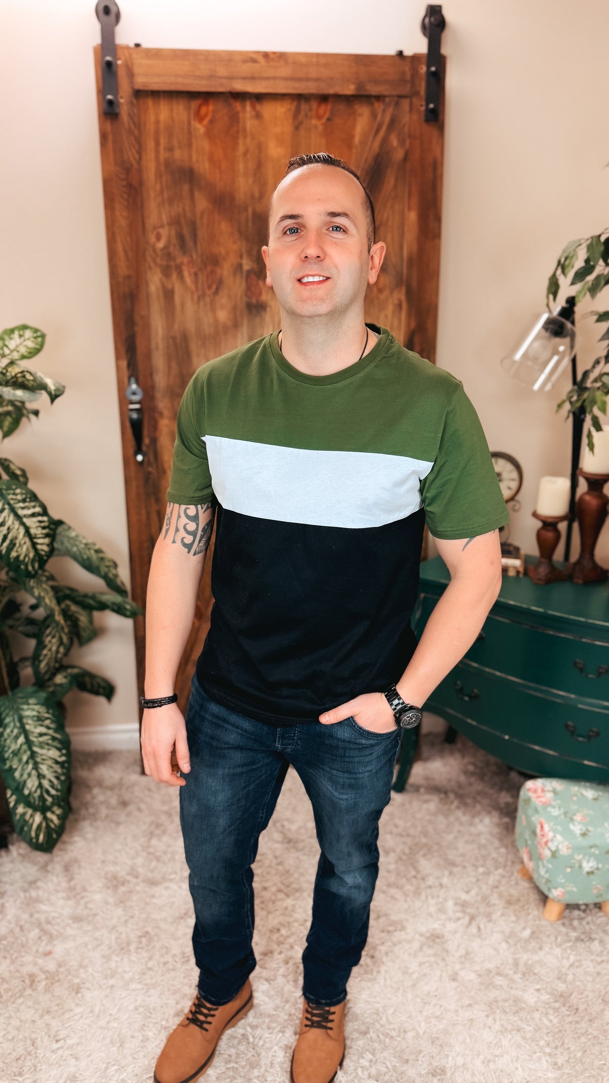 Peter Color Block Tee: Olive & Black