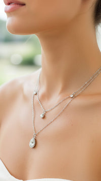 Teardrop Rhinestone Layered Necklace: Silver