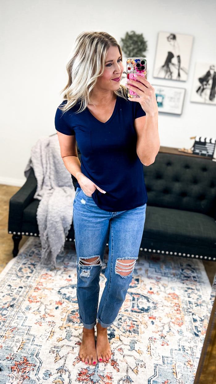 Laura Basic V-Neck Top: Navy