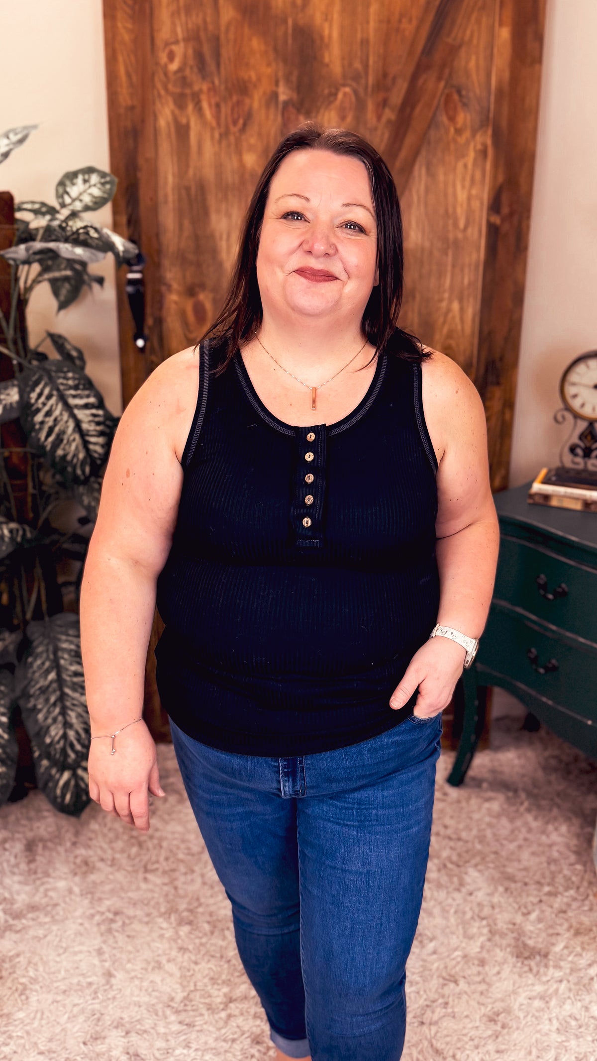 Anabel Ribbed Henley Tank | Black