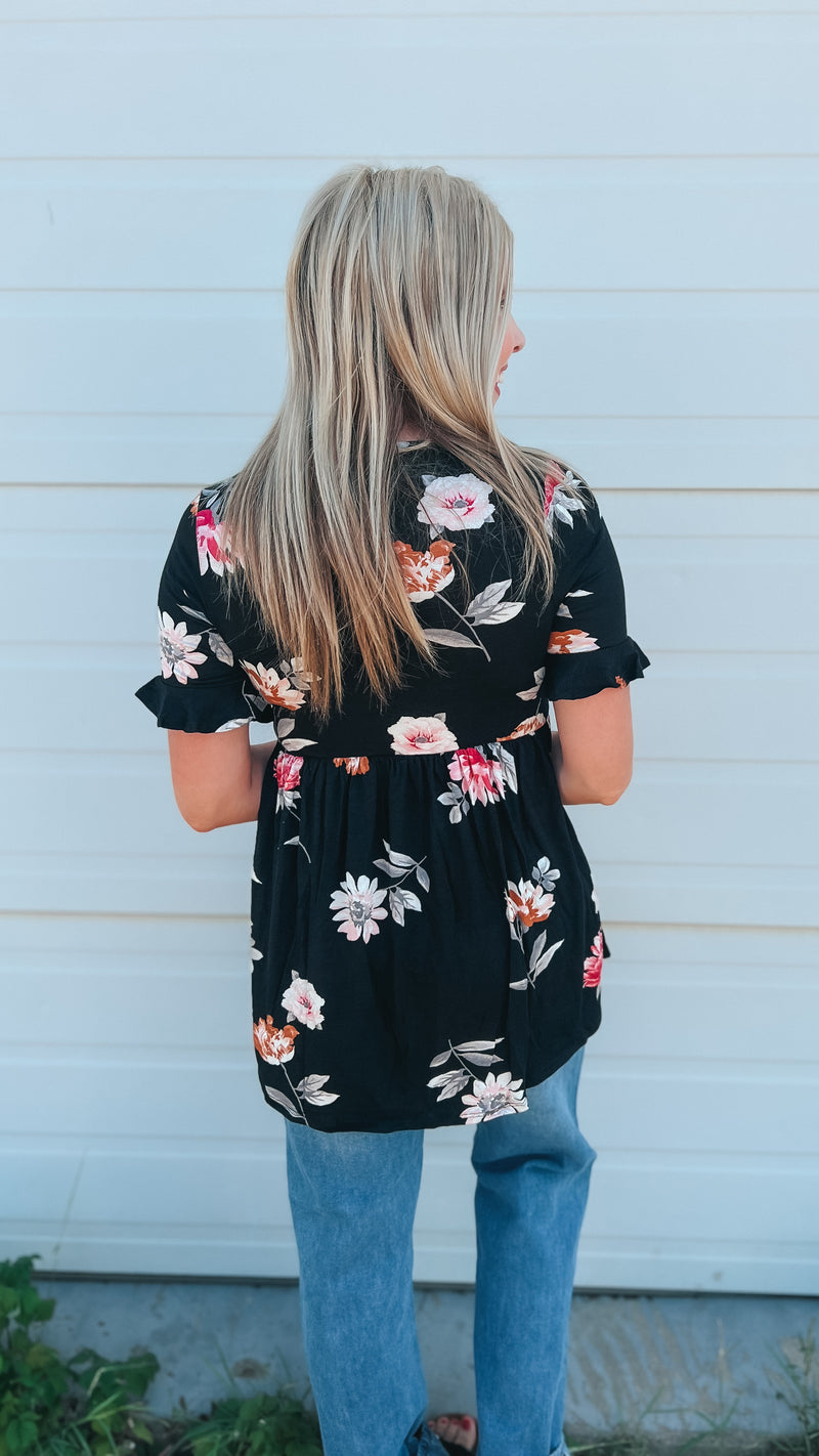 Winnie Babydoll Top: Black Floral