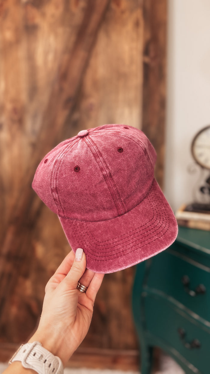 Jessie Faded Denim Baseball Hat: Burgundy