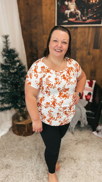Addy Ribbed Floral Top | Orange & Cream