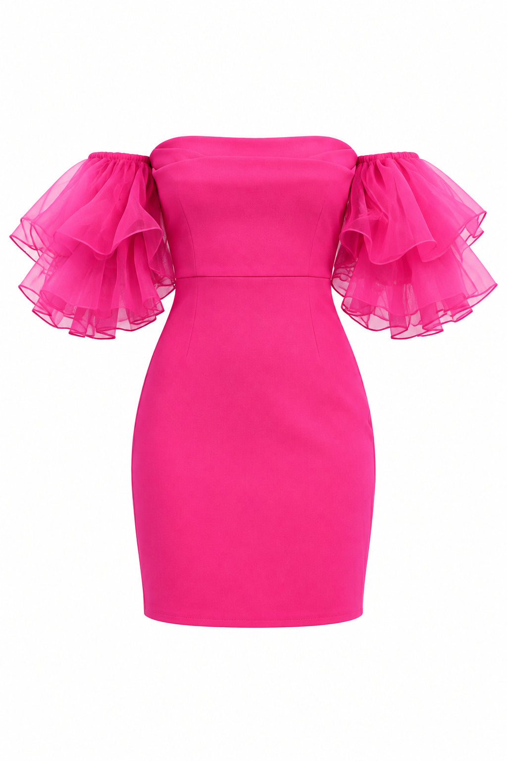 80's prom style retro hot pink dress. Strapless and ruffles around each arm