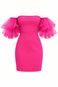 80's prom style retro hot pink dress. Strapless and ruffles around each arm
