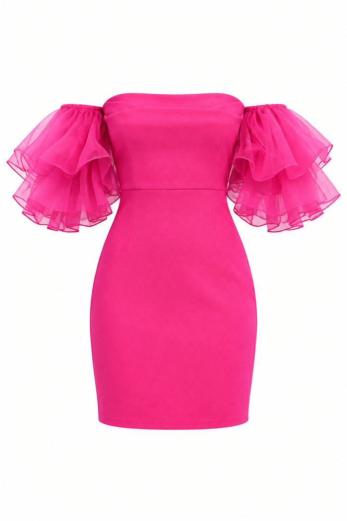 80's prom style retro hot pink dress. Strapless and ruffles around each arm