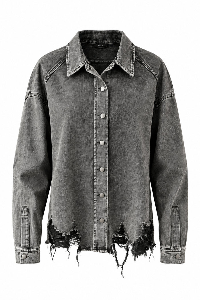 A washed dark gray denim jacket with a distressed, frayed hem and raw edges, featuring a button-up front and pointed collar