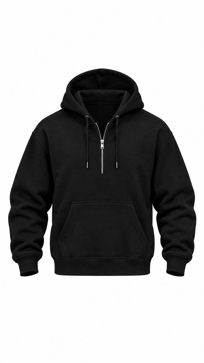 Black half zip hoodie with kangaroo pocket