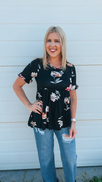 Winnie Babydoll Top: Black Floral