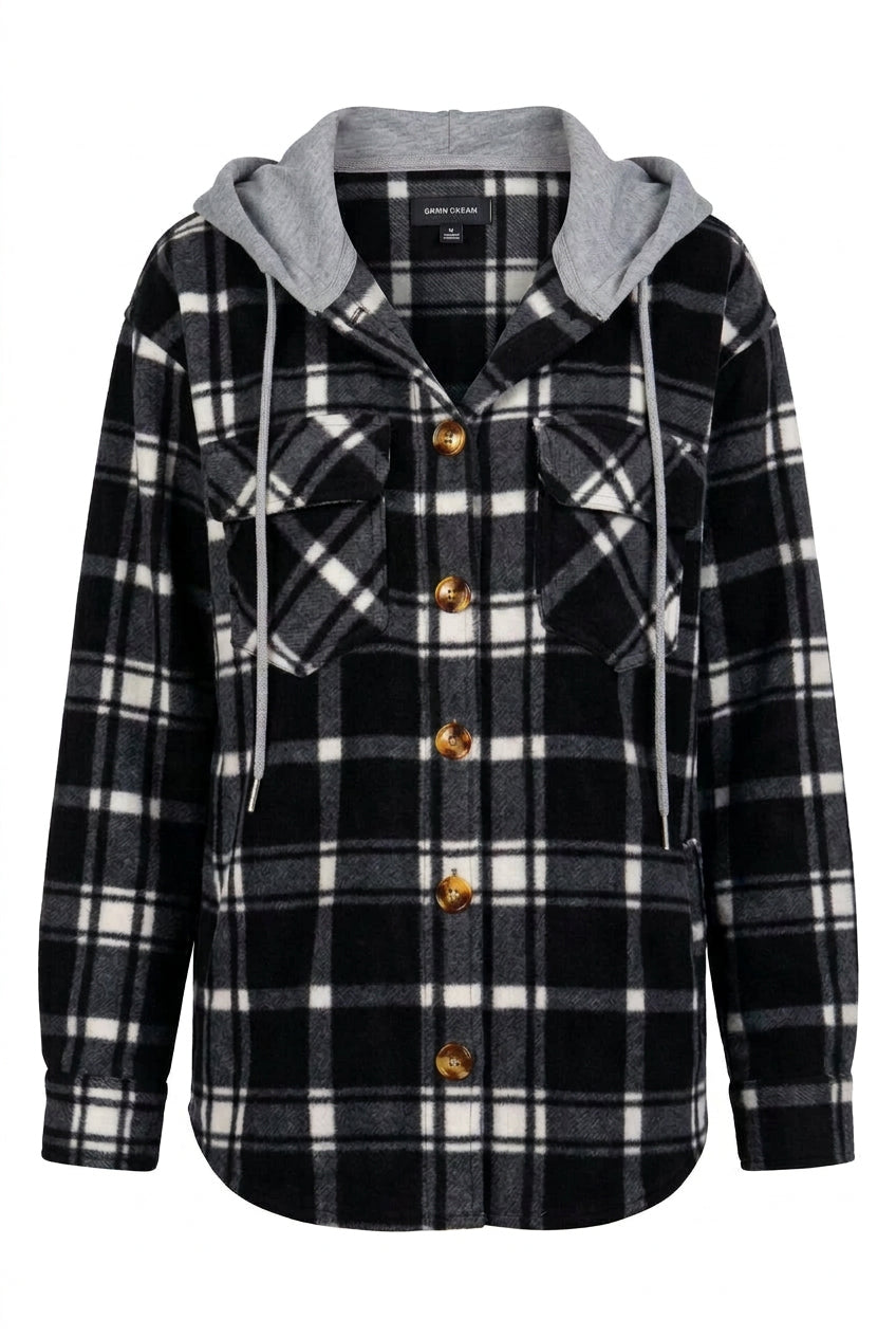 Haylee Plaid Fleece Shacket  | Black & Ivory