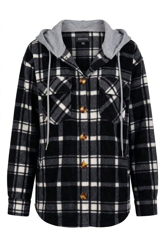 Haylee Plaid Fleece Shacket  | Black & Ivory