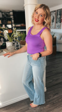 Purple double lined tank top with asymmetrical neckline